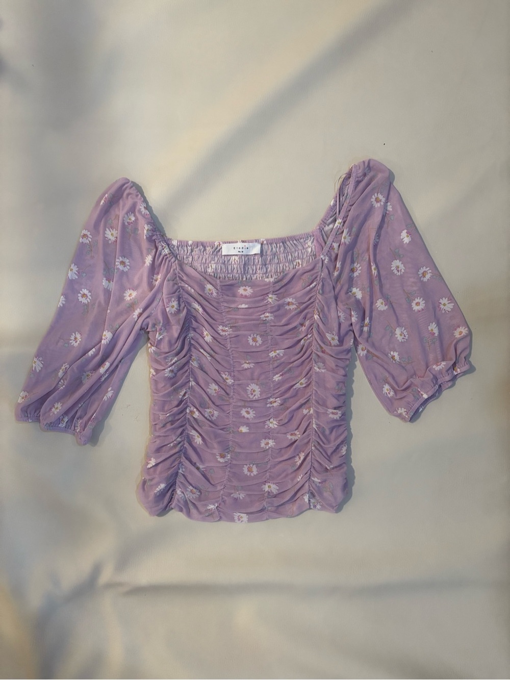 Smocked Lavender Daisy sheer Puff-Sleeve Blouse